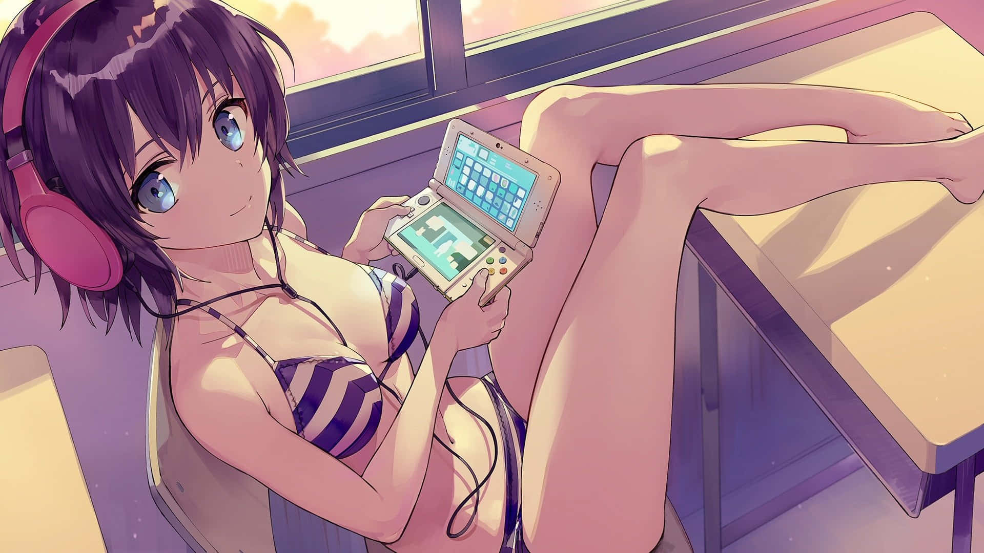 Anime girl, purple hair, pink headphones, Full HD Desktop Wallpaper