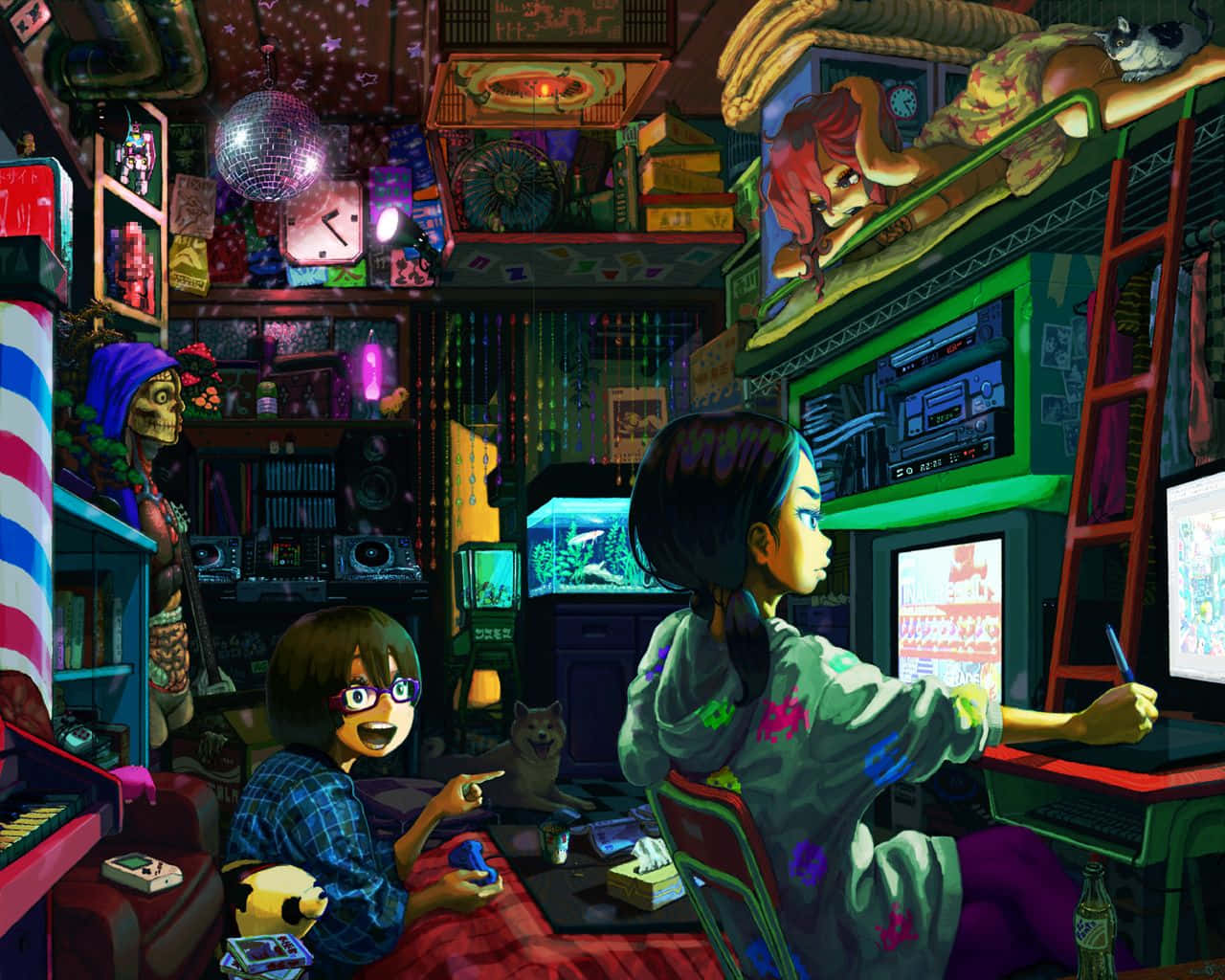 dorm room, neon-lit, retro tech, HD Desktop Wallpaper