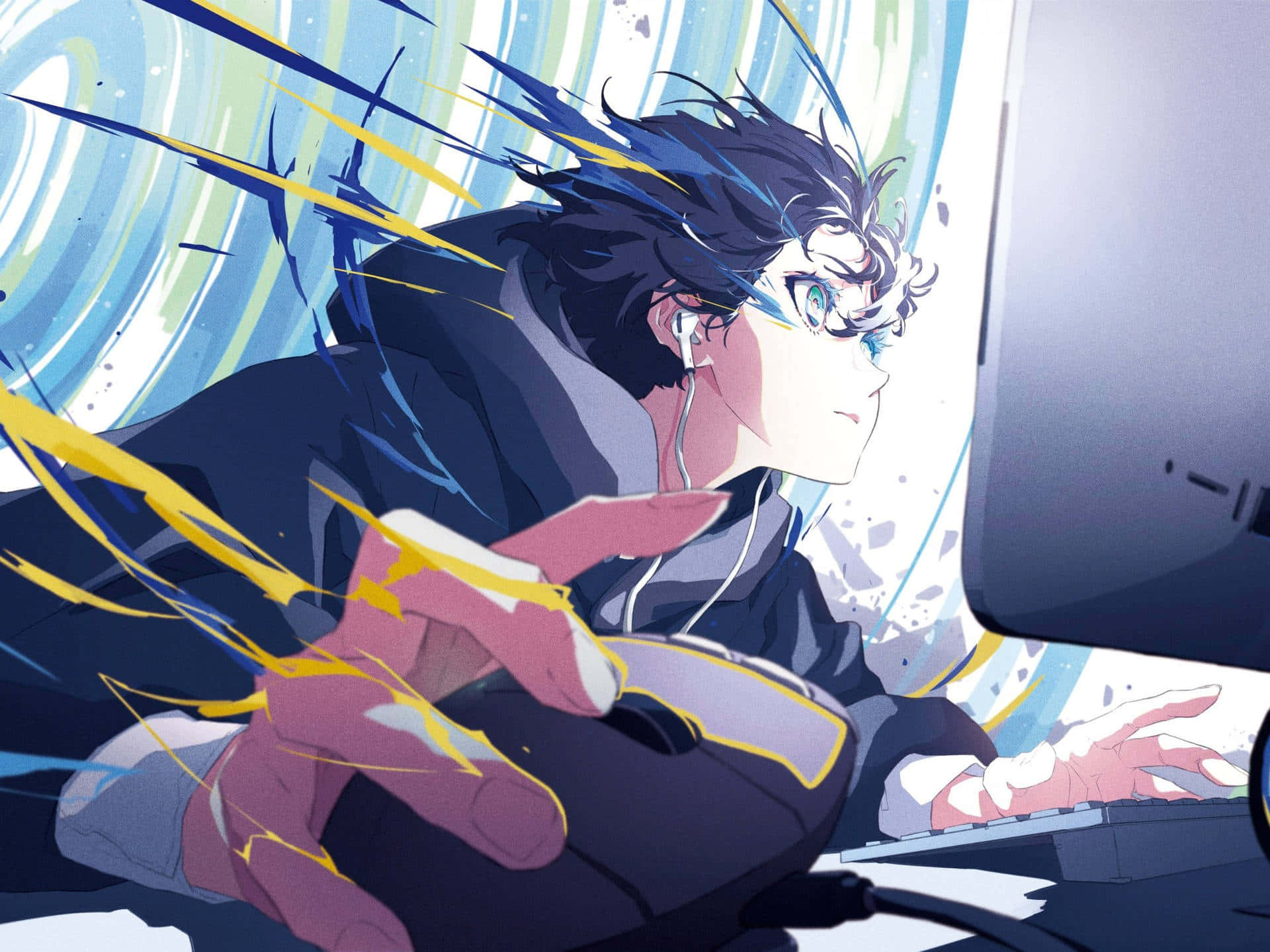 anime boy, blue hair, glowing yellow energy streaks, Full HD Desktop Wallpaper