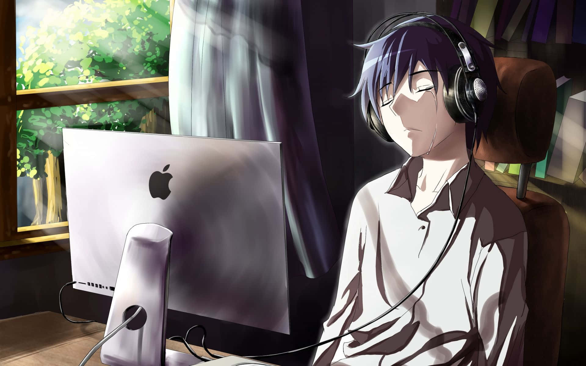 Anime boy, headphones, chair, Full HD Desktop Wallpaper
