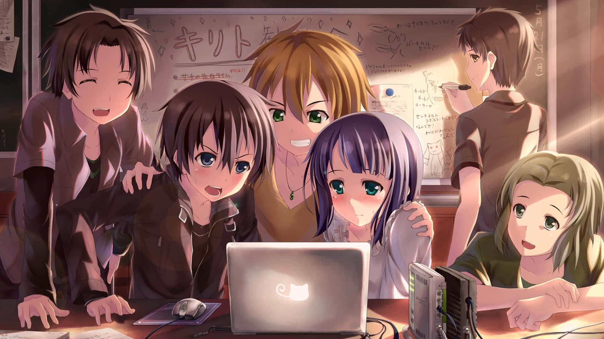 Anime teens, laptop, warmly lit classroom, Full HD Desktop Wallpaper