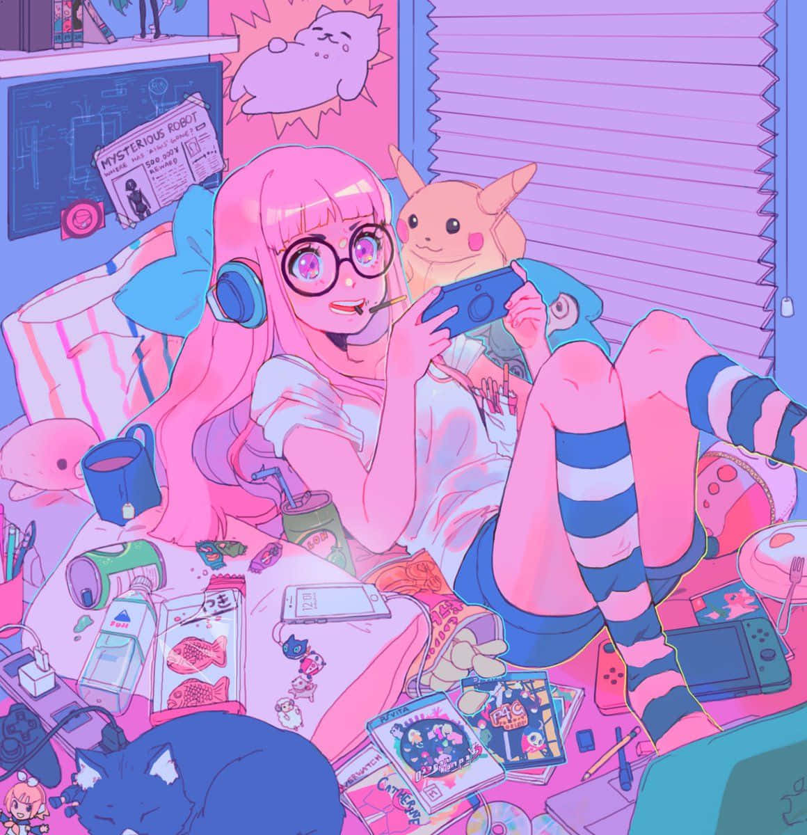 pink-haired anime girl, glasses, handheld game console, SD Phone Wallpaper