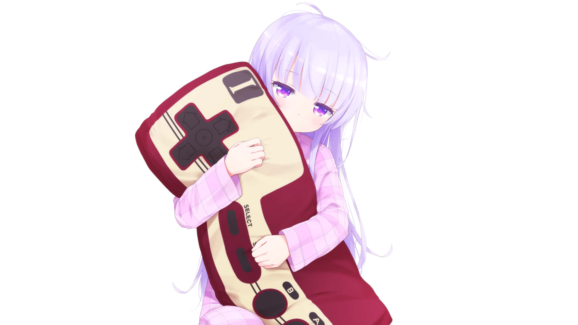 otaku girl, lavender hair, giant red and beige game controller pillow, HD Desktop Wallpaper