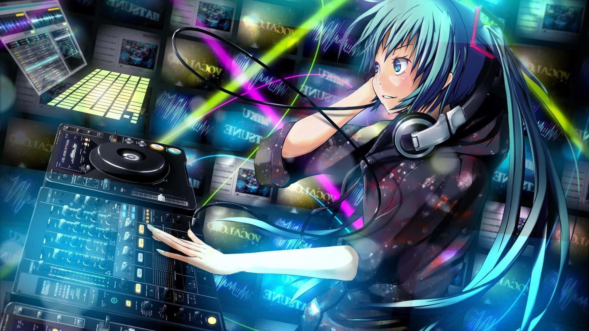 HD DJ Girl Gaming Anime, teal hair, glowing DJ equipment, Full HD Desktop Wallpaper