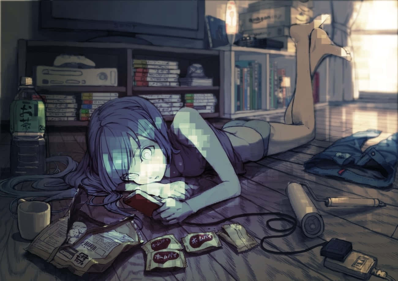 anime girl, purple hair, wooden floor, HD Desktop Wallpaper