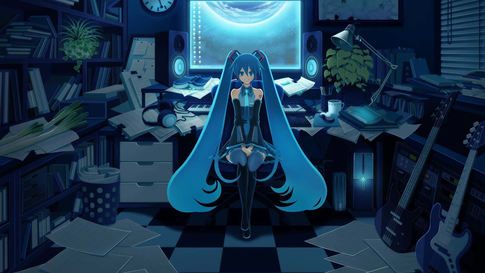 long blue hair, blue-lit room, music gear, Full HD Desktop Wallpaper