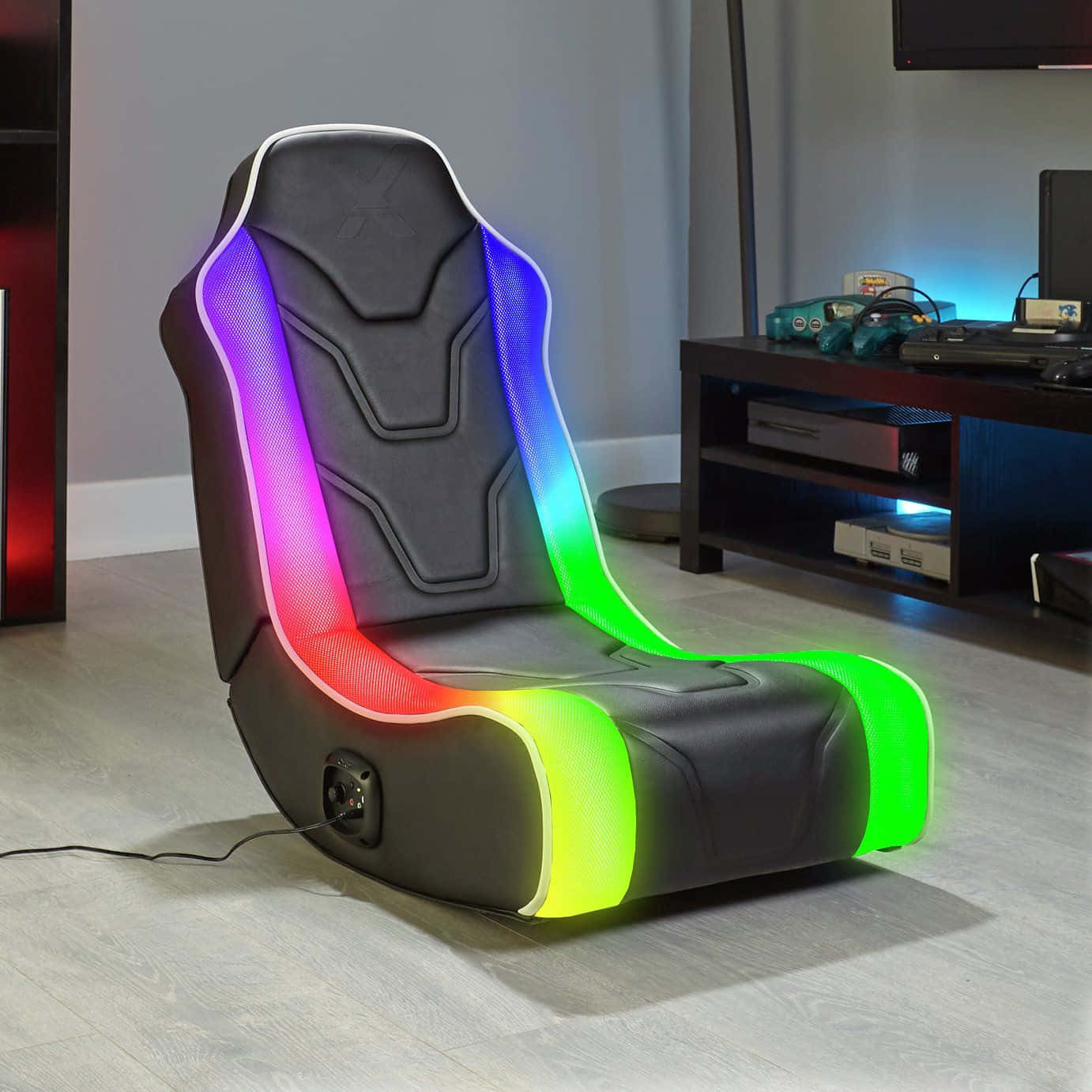 gaming chair, black, vibrant rainbow LED lighting, HD Desktop Wallpaper