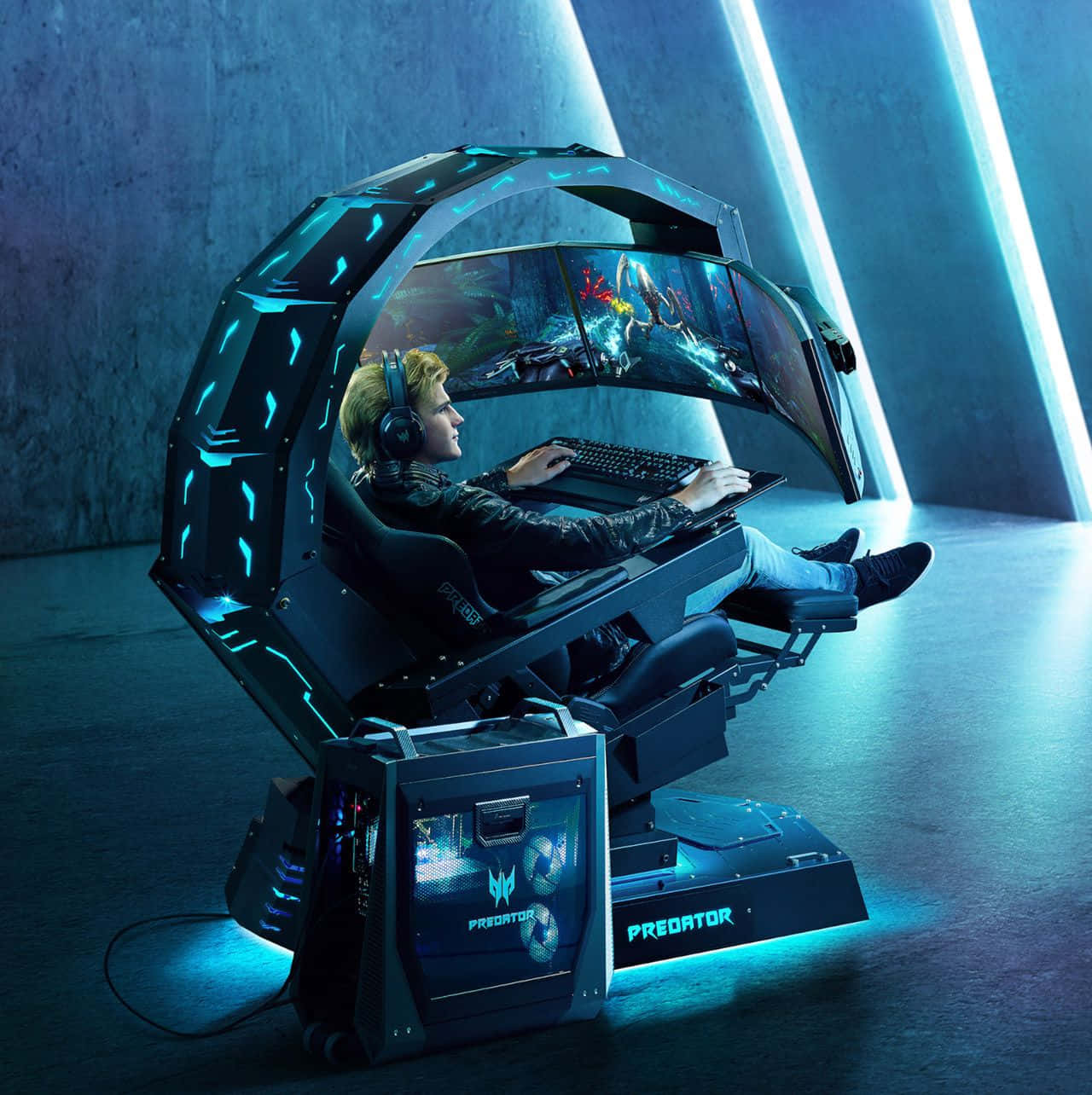 futuristic curved monitor, blue neon lights, high-tech gaming chair, HD Phone Wallpaper