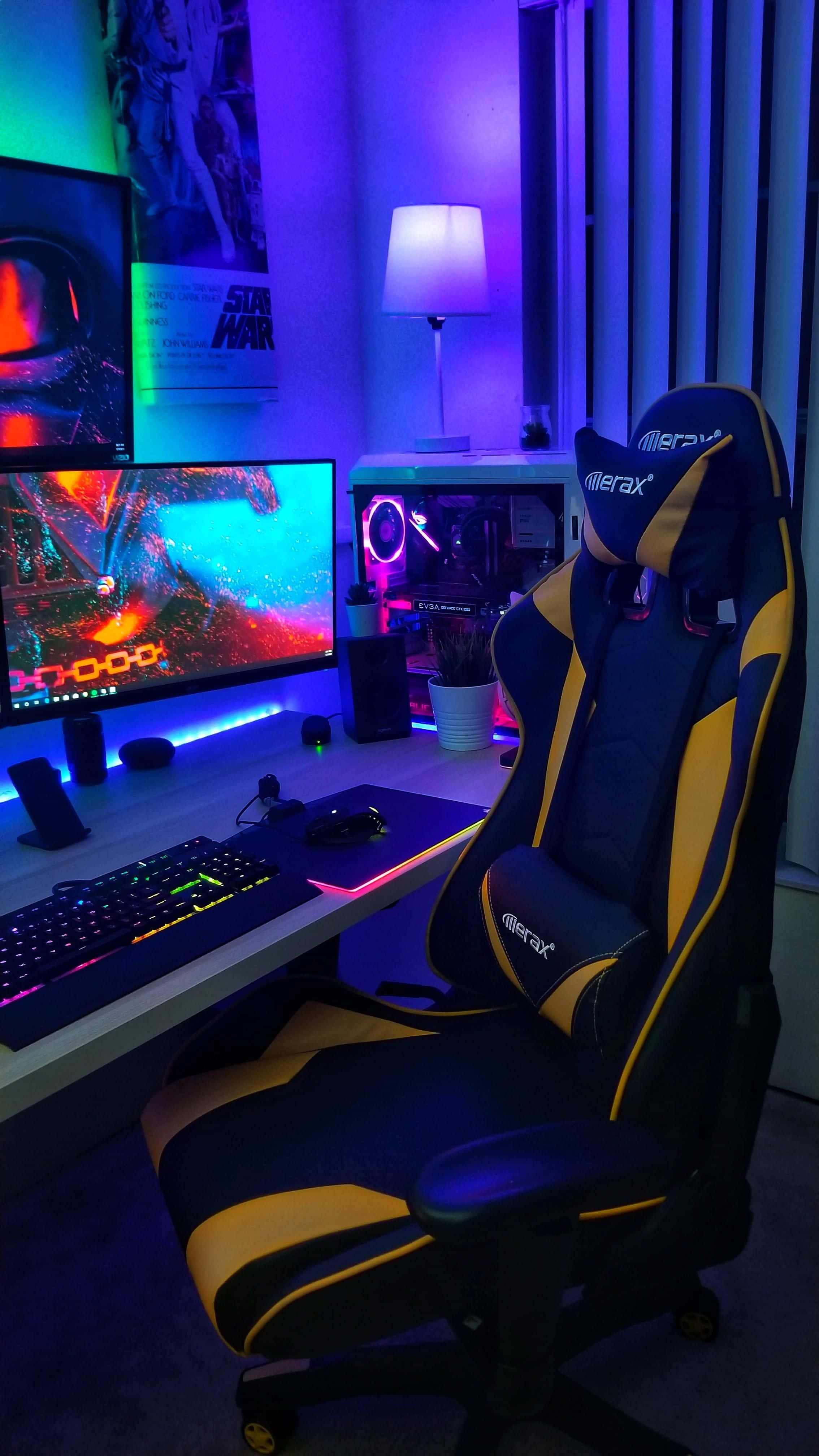 gaming chairs, black and yellow, purple blue and green LED lights, 4K Phone Wallpaper
