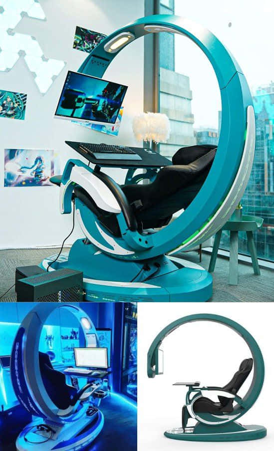 teal, circular frame, floating monitor, SD Phone Wallpaper