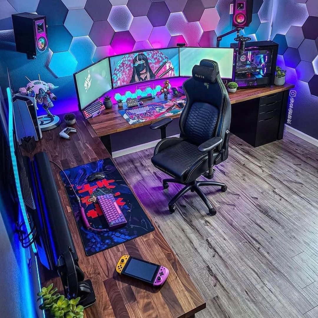 hexagonal wall panels, purple and blue glow, multiple monitors, SD Desktop Wallpaper