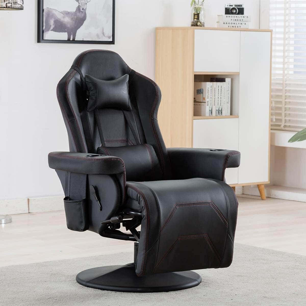 sleek black gaming chair, red stitching, bright modern room, SD Desktop Wallpaper