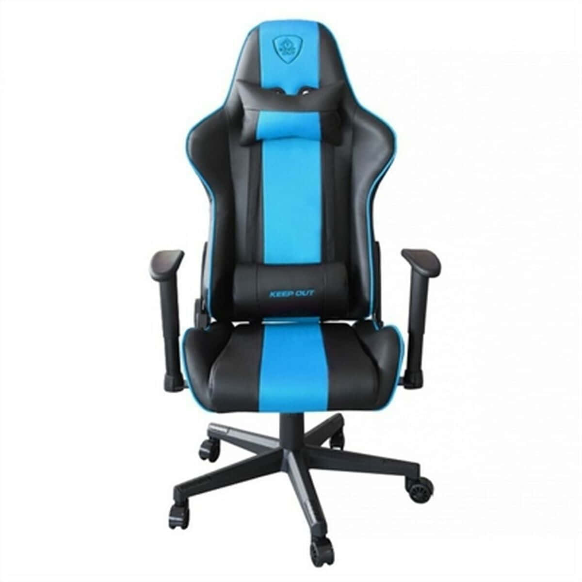 black and blue gaming chair, KEEP OUT text, lumbar support, SD Desktop Wallpaper