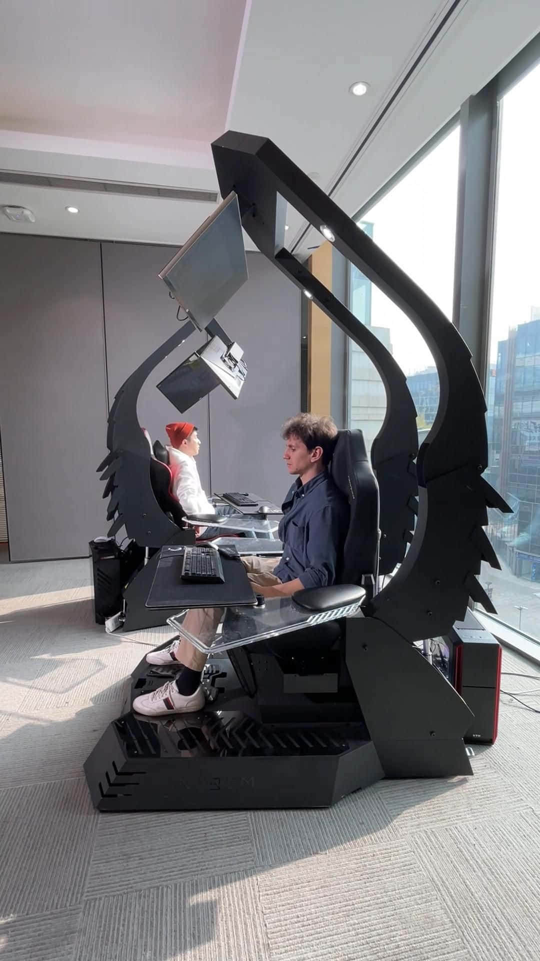 futuristic black ergonomic gaming chairs, mounted monitors, modern office, Full HD Phone Wallpaper