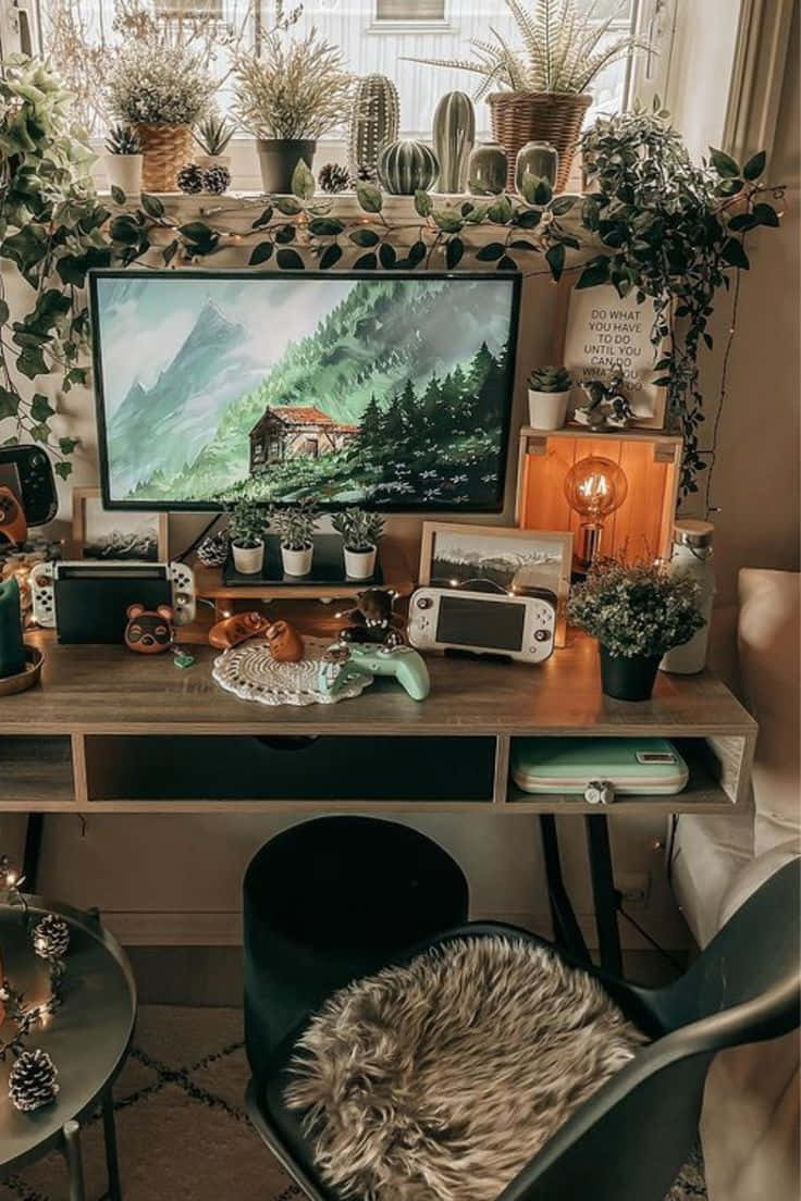 gaming chairs, cozy desk nook, lush greenery, SD Phone Wallpaper