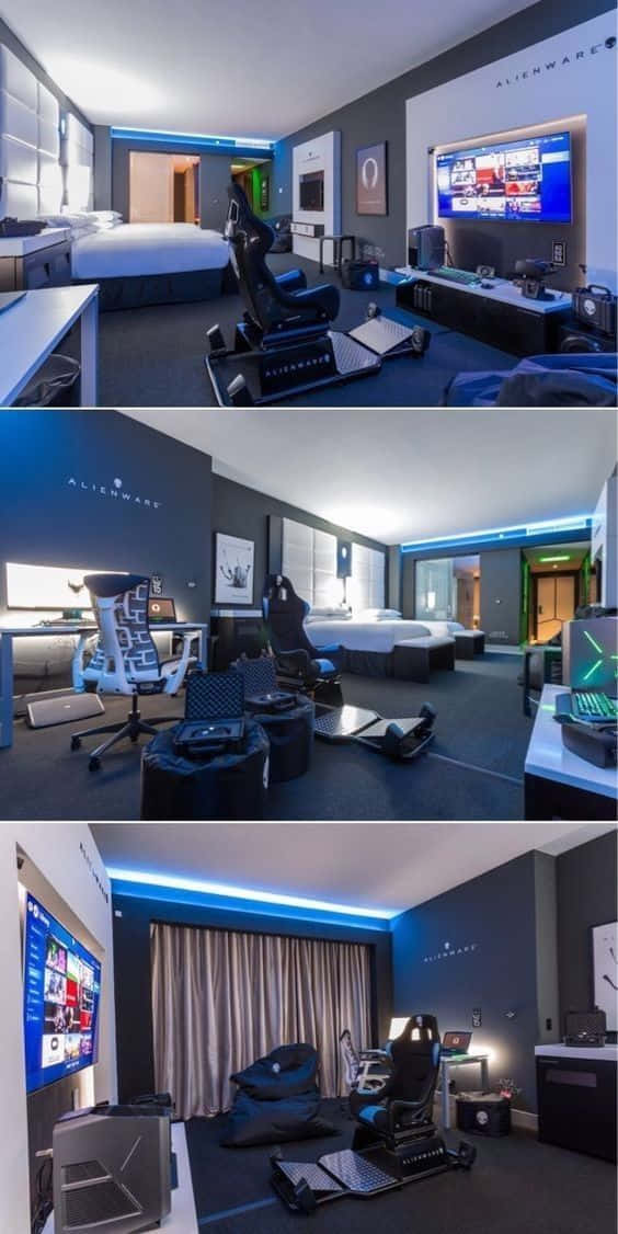 blue accent lighting, black gaming chairs, large screens, SD Phone Wallpaper