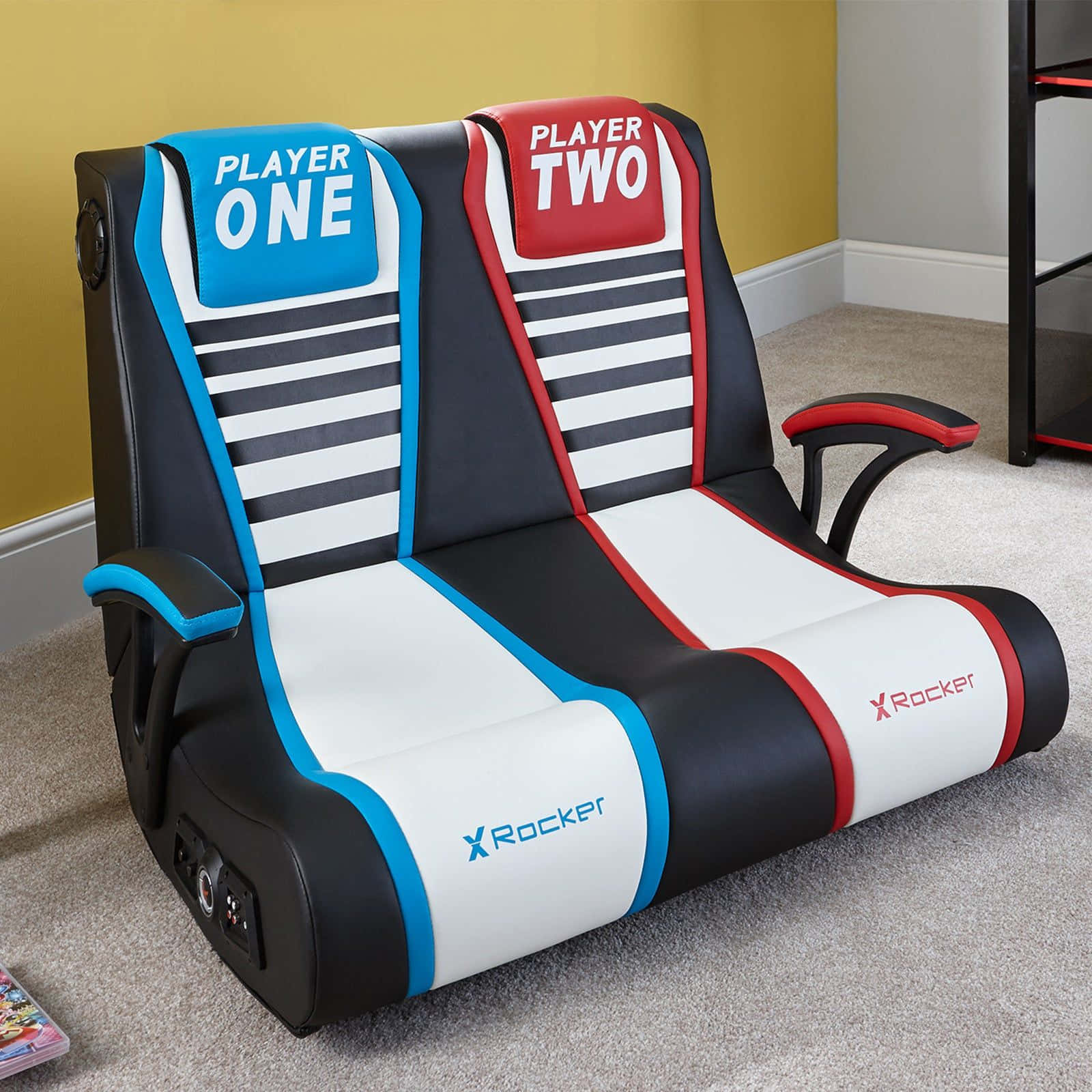 gaming chairs, blue and red accents, carpeted room, HD Desktop Wallpaper
