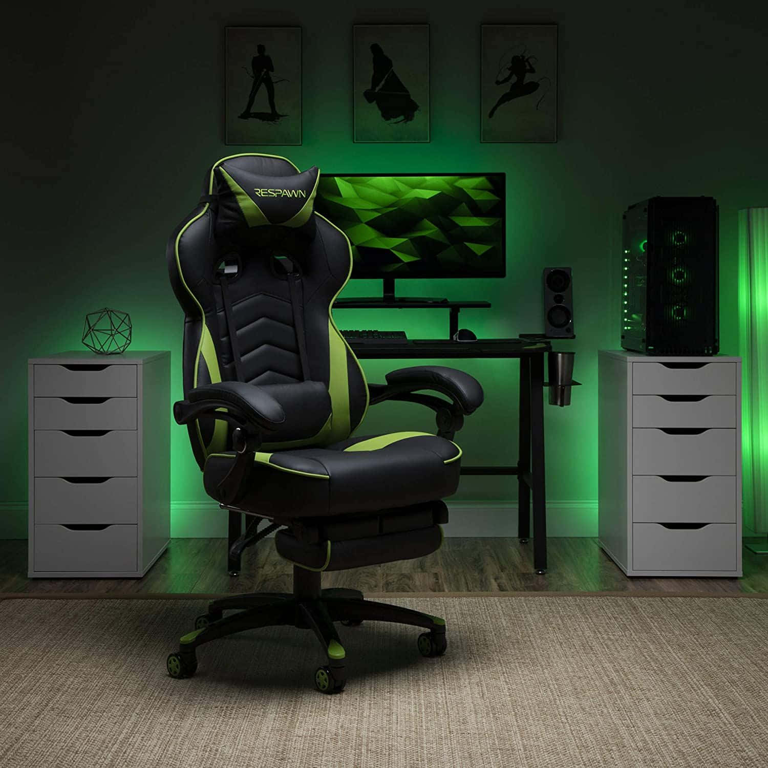 gaming chairs, black and lime green, dimly lit room, HD Desktop Wallpaper