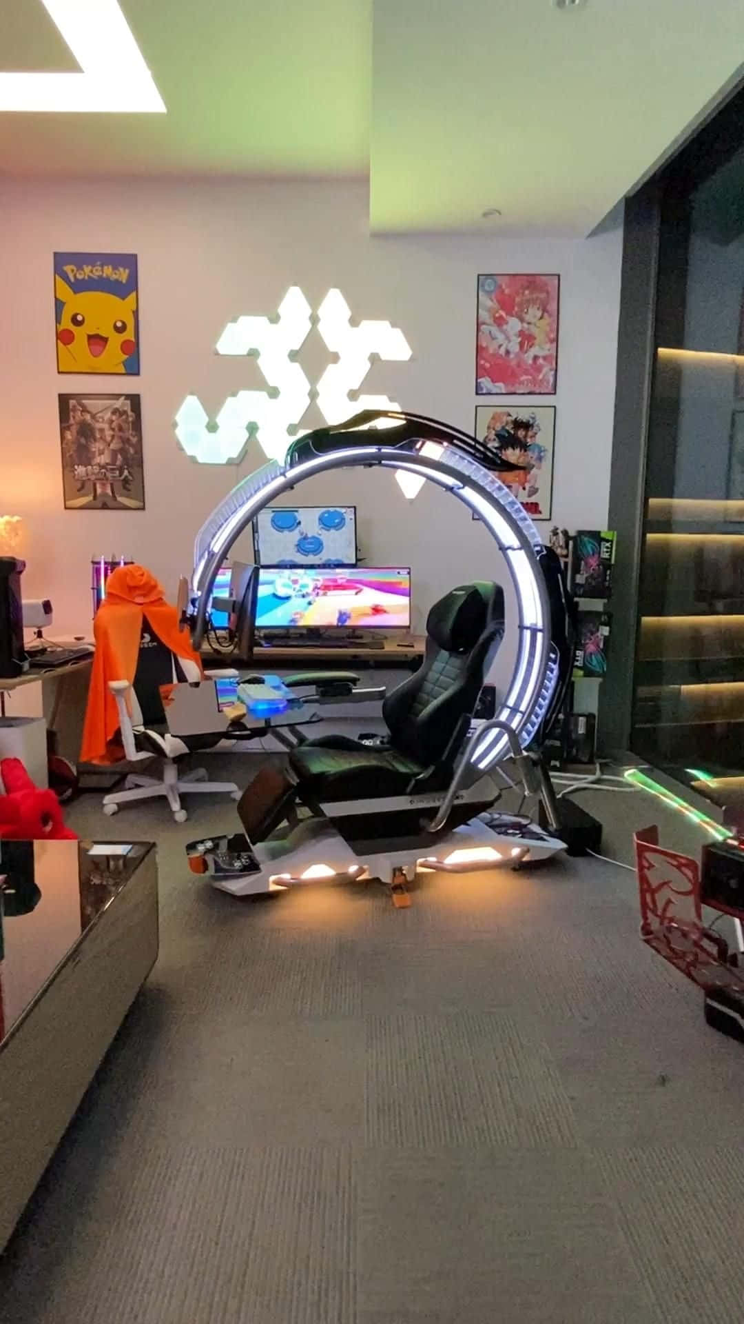 gaming chair, glowing circular chair, multiple monitors, Full HD Phone Wallpaper