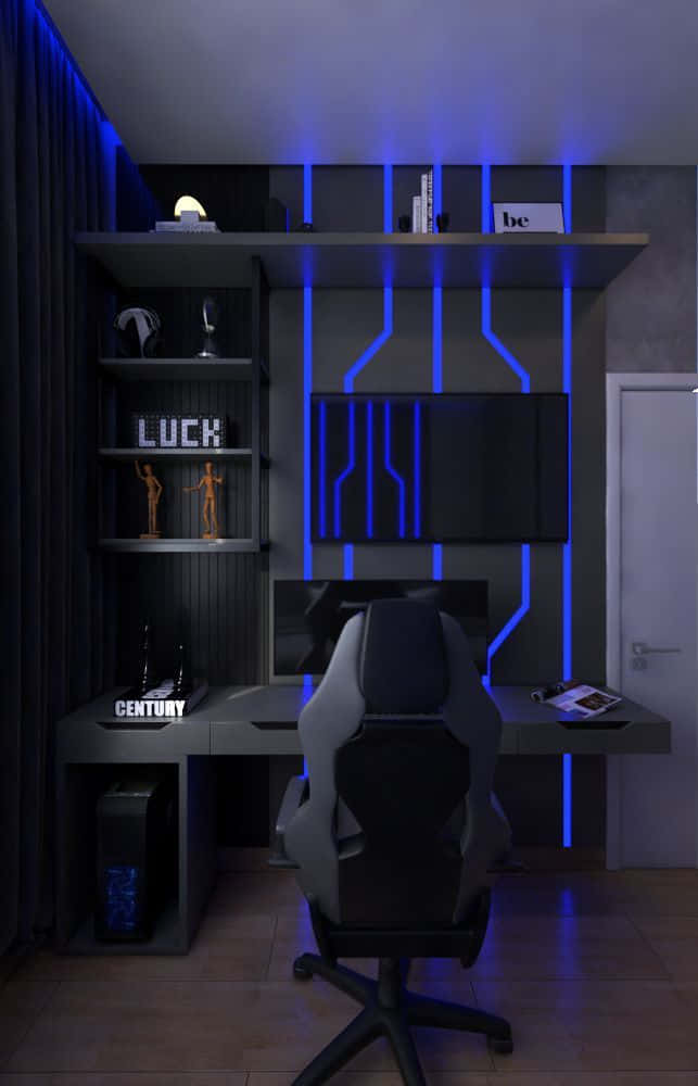 gaming chair, blue neon lighting, black ergonomic chair, SD Phone Wallpaper