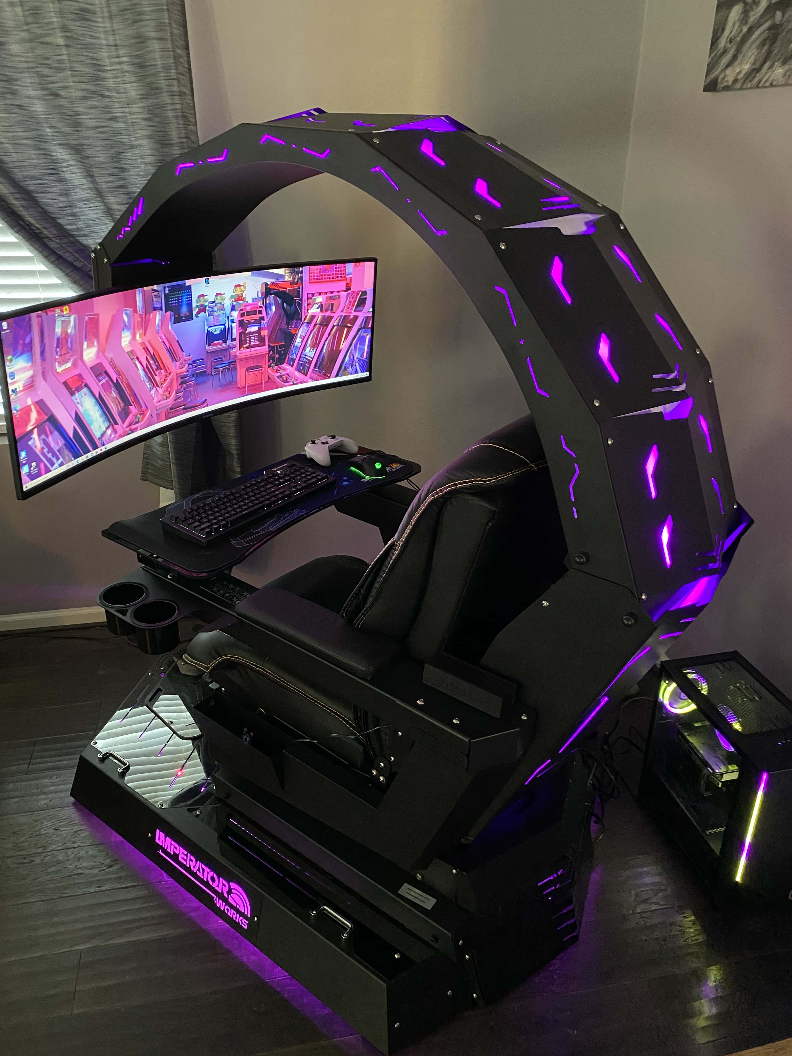 futuristic black gaming chair, purple LED lights, curved monitor, 4K Phone Wallpaper