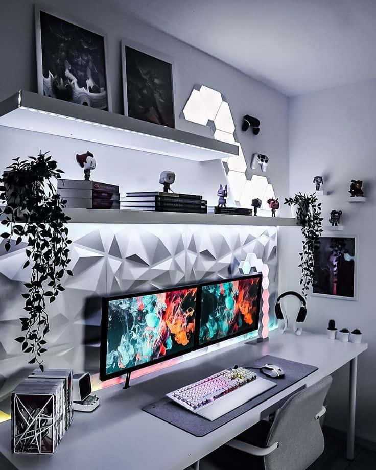 gaming chairs, dual monitors, vibrant abstract art, SD Phone Wallpaper