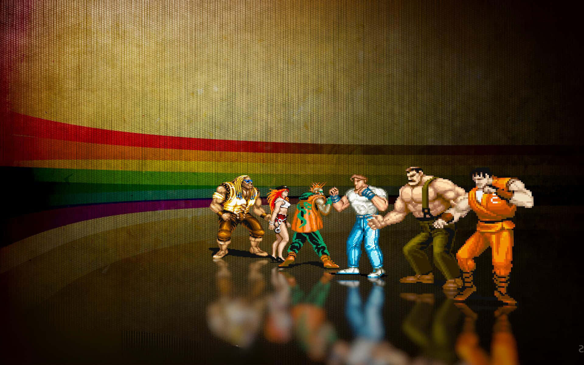 Pixel-art fighters, reflective stage, curved rainbow gradient background, Full HD Desktop Wallpaper