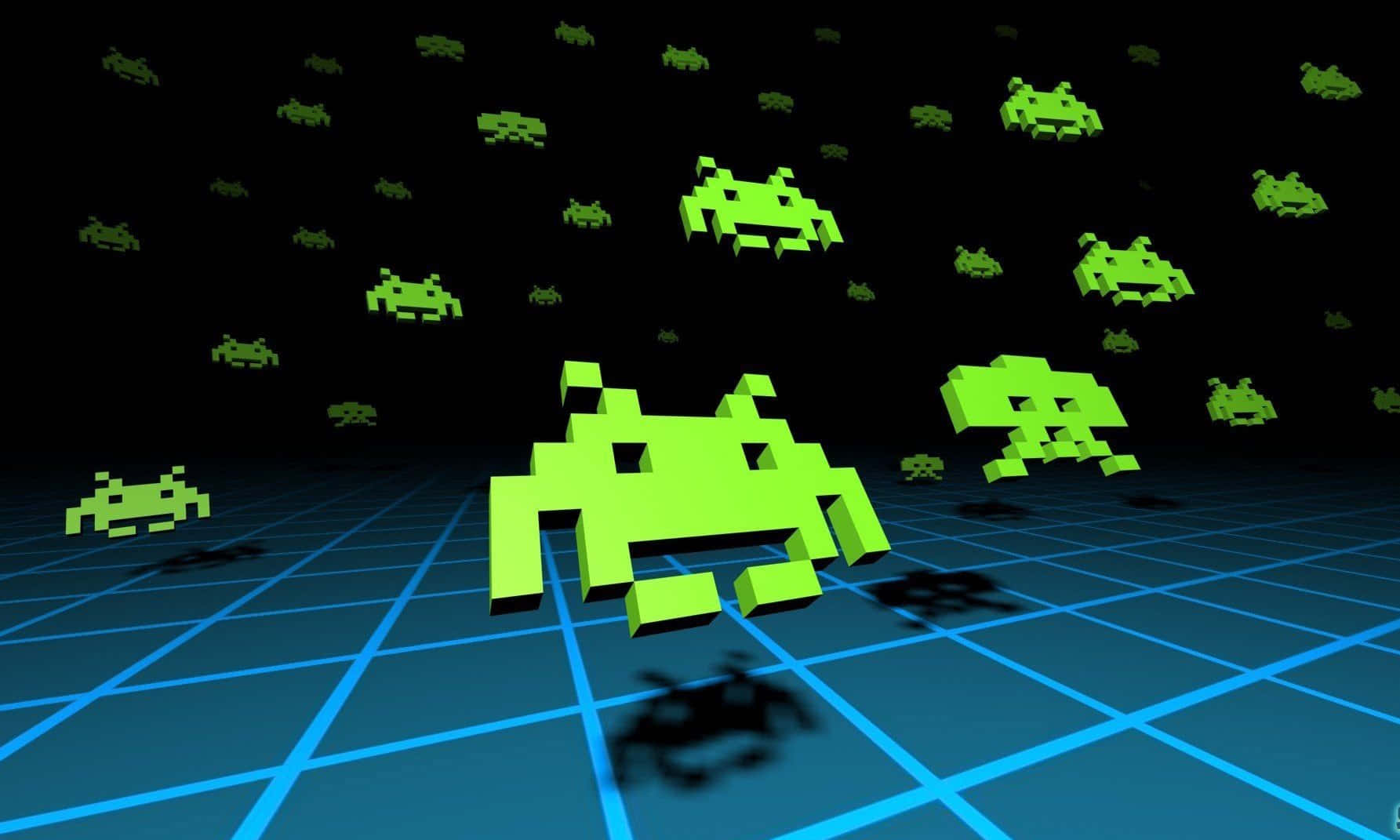 Gaming Classic Collections, vibrant green pixelated alien ships, glowing blue grid, HD Desktop Wallpaper