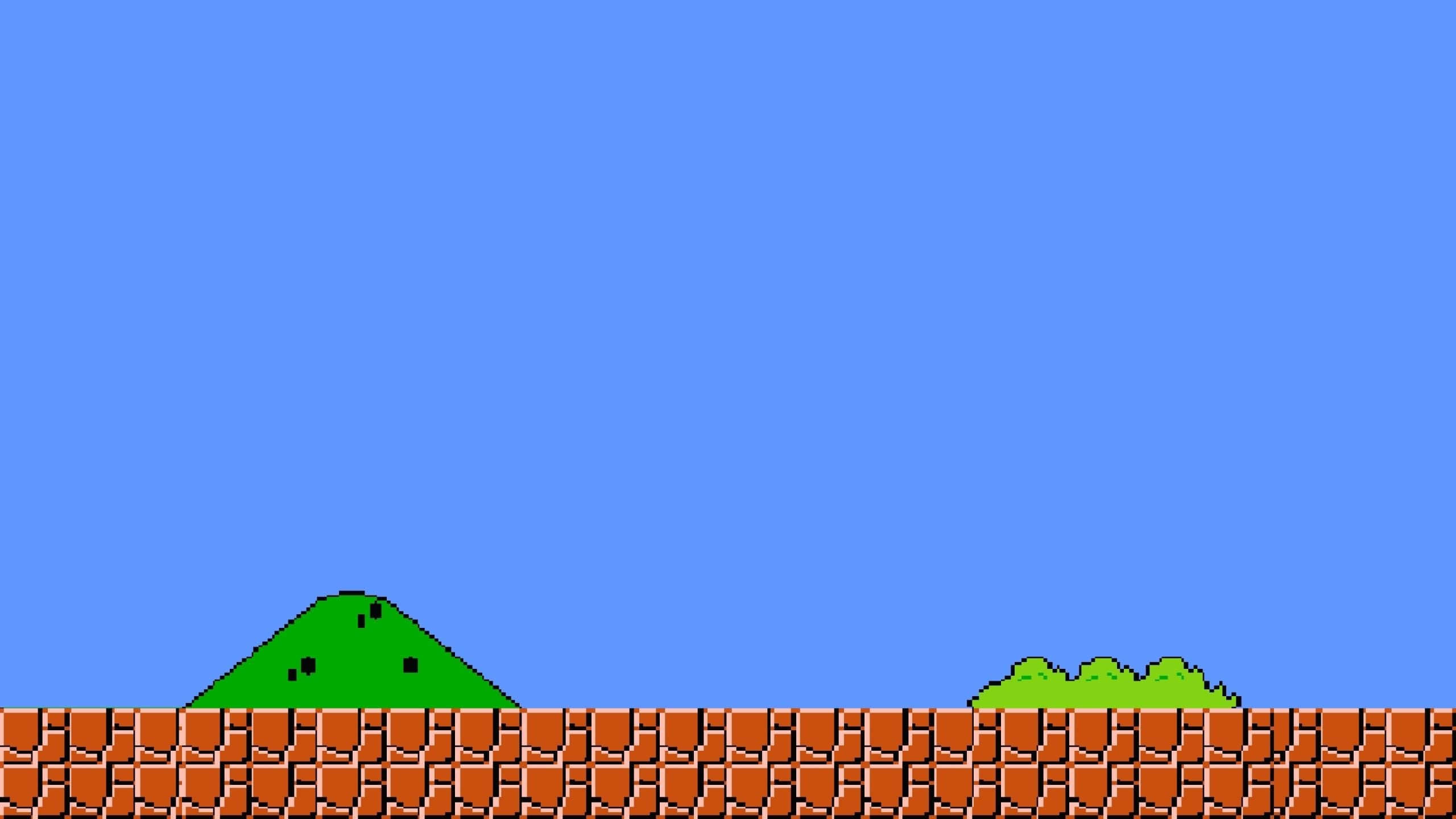 8-bit video game style, pixelated green hills, brown brick platform, 2K Desktop Wallpaper
