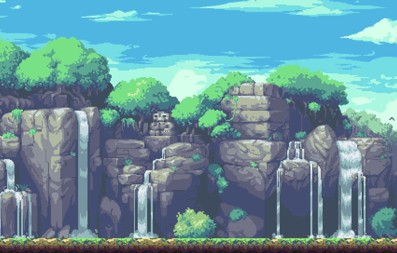 16 Bit, pixel-art, waterfalls, HD Desktop Wallpaper