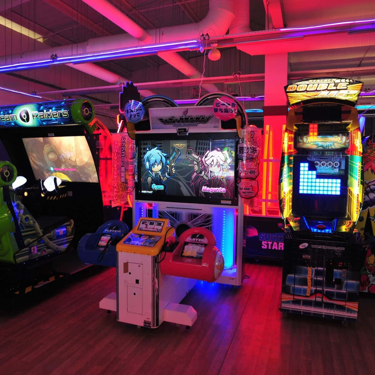 arcade machines, neon lights, gaming lounge, SD Desktop Wallpaper