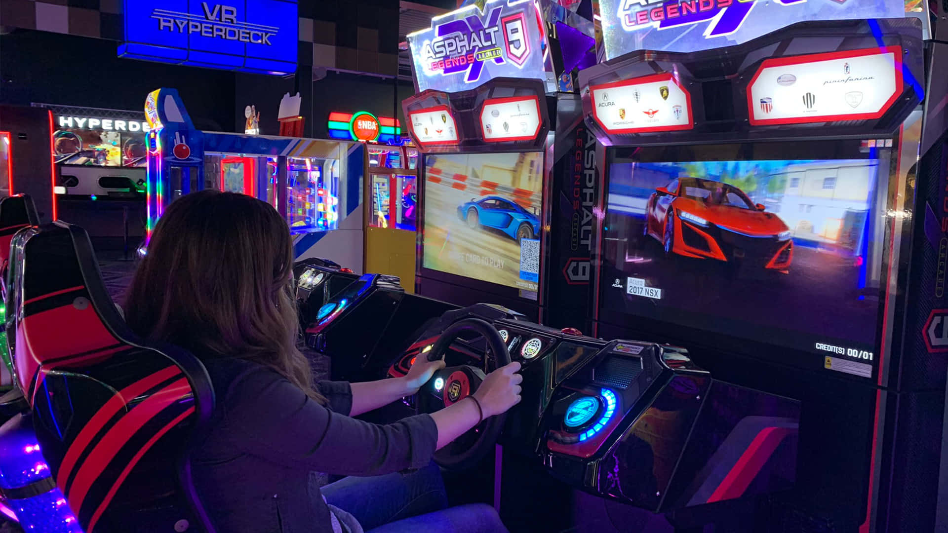 racing arcade game, glowing controls, vibrant screens, Full HD Desktop Wallpaper