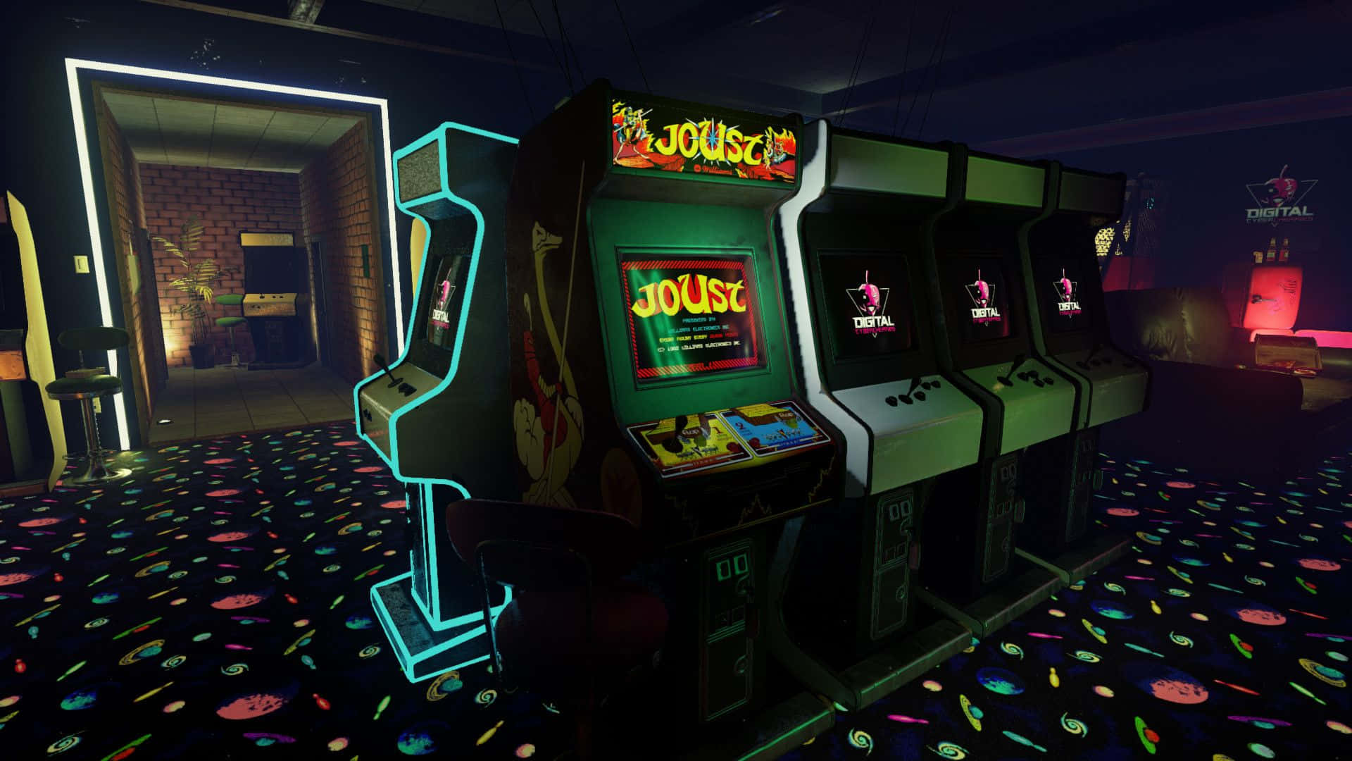 vintage arcade games, neon lights, gaming den, Full HD Desktop Wallpaper
