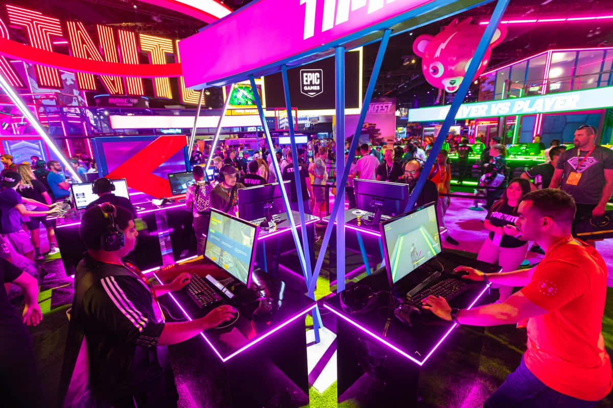 Gaming Conventions, neon gaming stations, vibrant pink and purple lights, SD Desktop Wallpaper