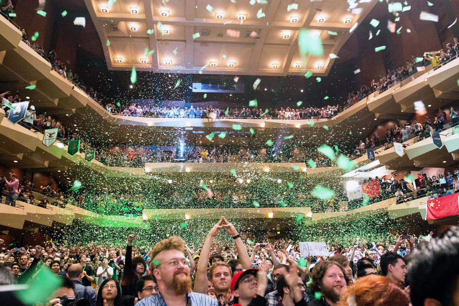 gaming tournaments, grand theater, green confetti, HD Desktop Wallpaper
