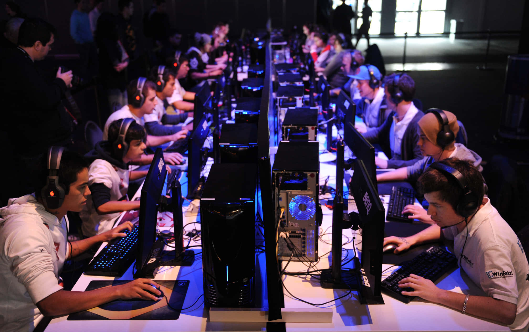 Gaming Tournaments of 2015, computer stations, blue ambient lighting, Full HD Desktop Wallpaper