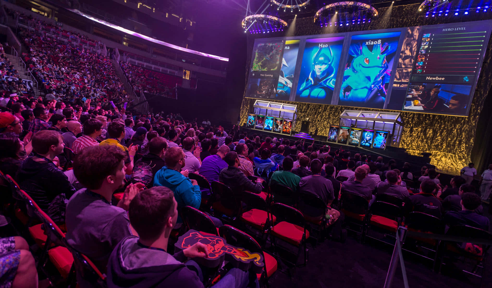 esports players, glowing screens, purple stage lights, Full HD Desktop Wallpaper