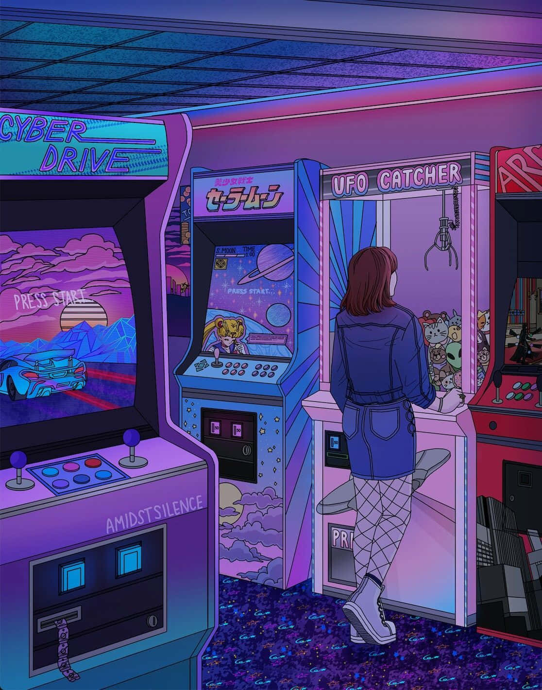UFO catcher arcade game, neon purple lights, retro gaming hall, HD Phone Wallpaper