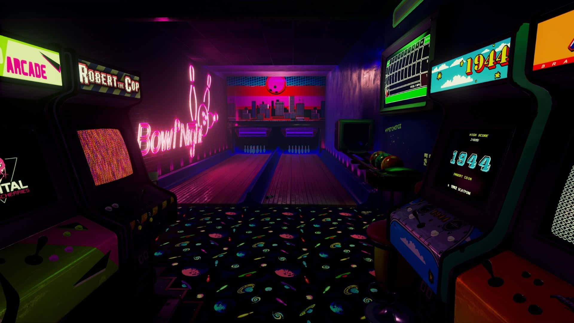 neon lit arcade room, retro game machines, bowling alley, Full HD Desktop Wallpaper