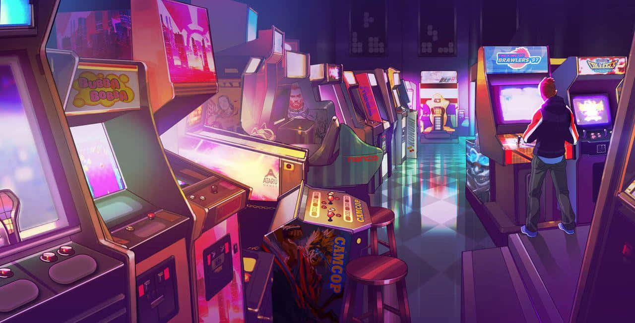 arcade machines, vintage game machines, neon-lit arcade, HD Desktop Wallpaper