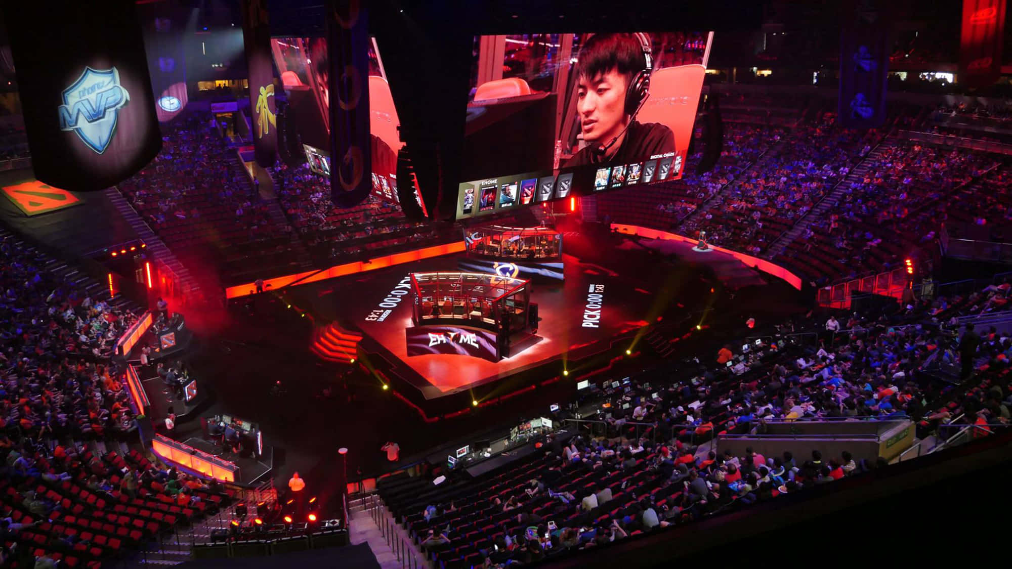 esports arena, red and blue lights, central stage, Full HD Desktop Wallpaper