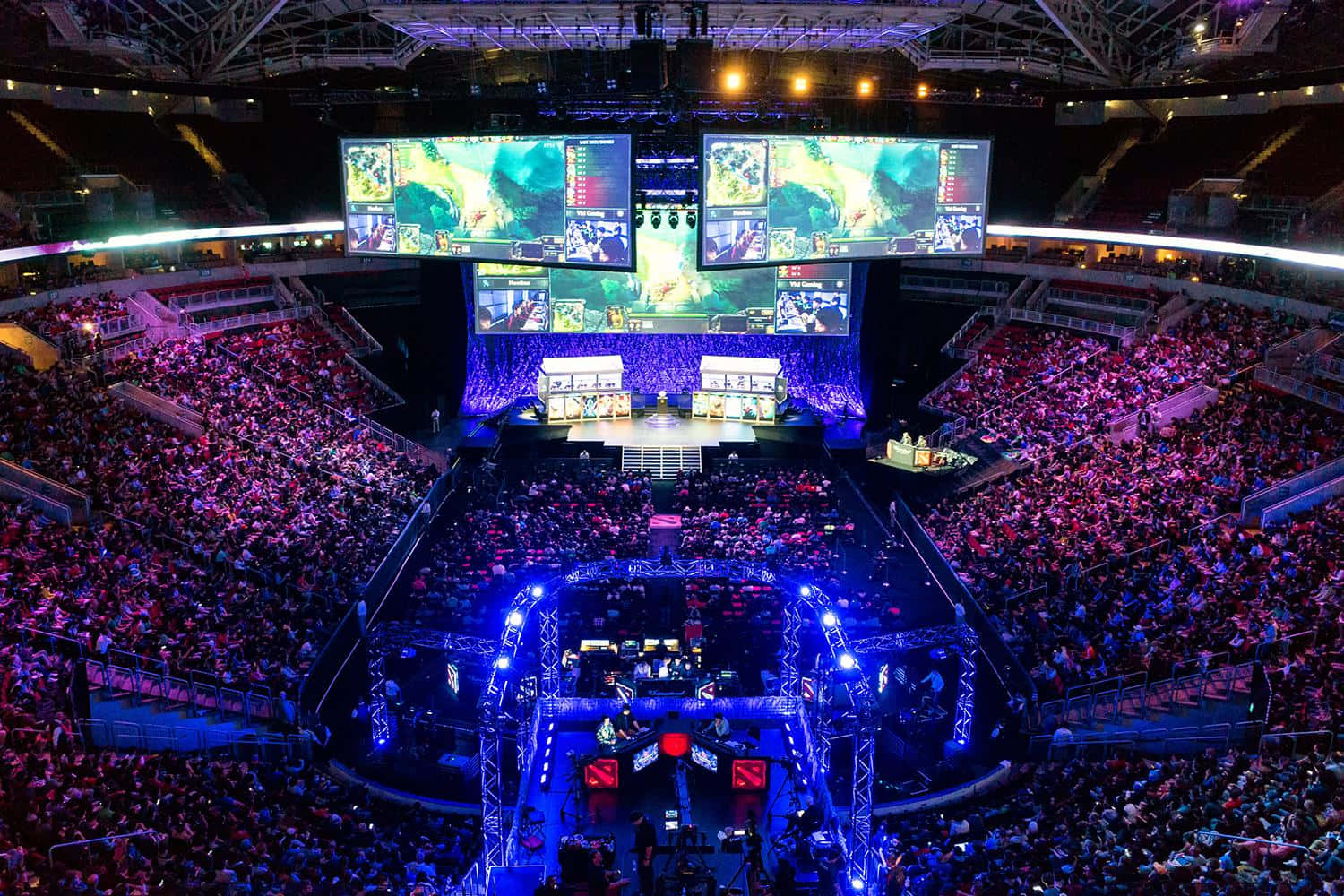 esports tournament, giant screens, purple and blue lights, HD Desktop Wallpaper