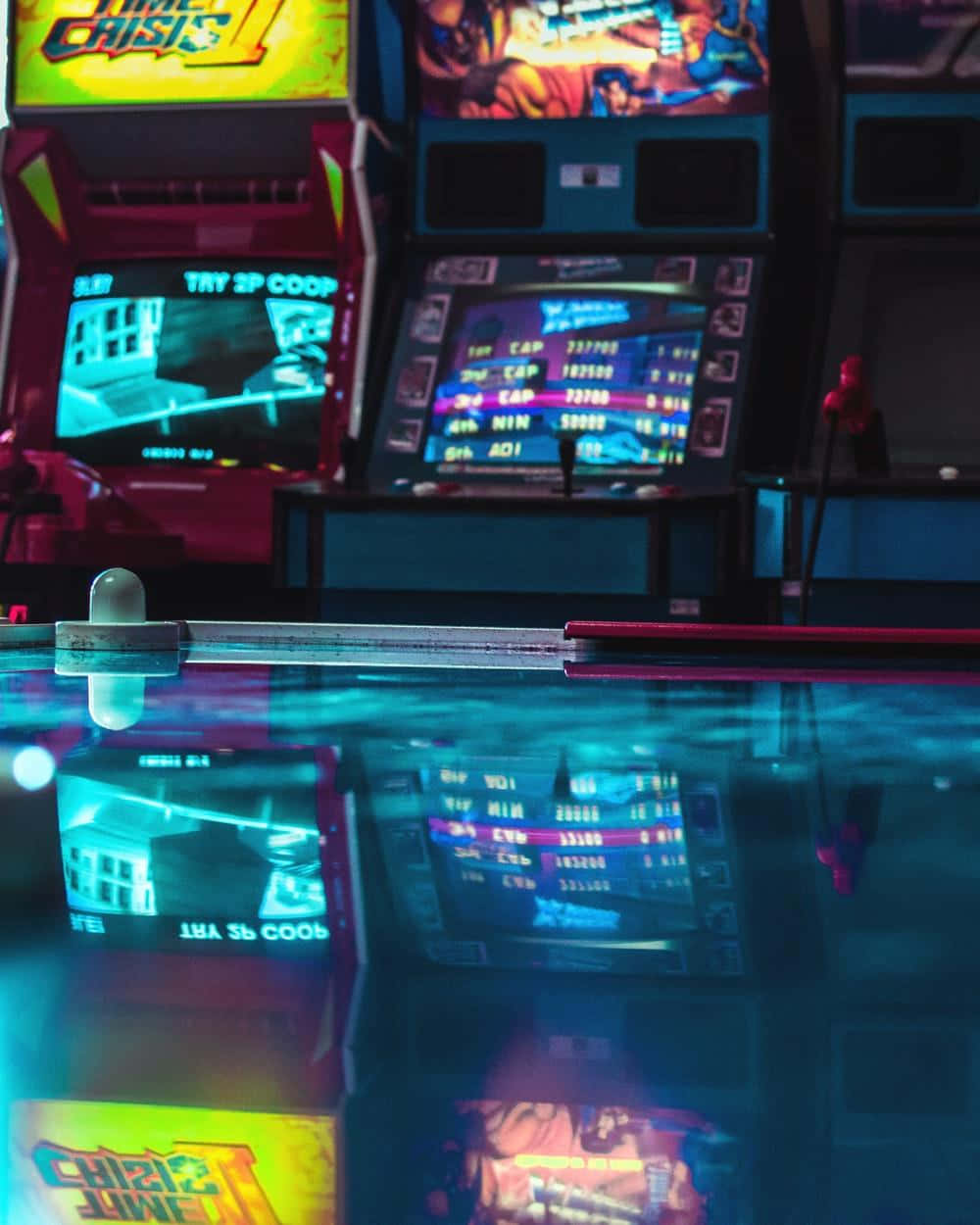 arcade machines, neon lights, glossy floor, SD Phone Wallpaper