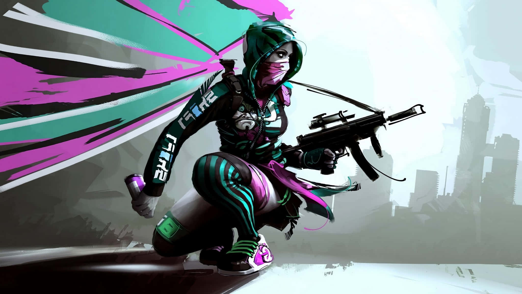 3D Gaming Adventure, masked female soldier, vibrant teal and pink gear, Full HD Desktop Wallpaper