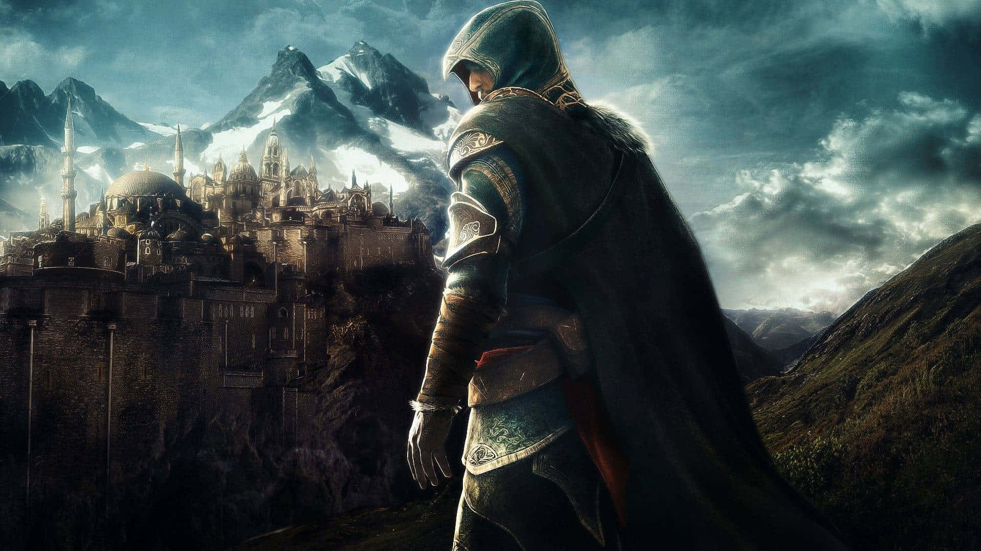 hooded assassin, medieval city, snow-capped mountains, Full HD Desktop Wallpaper