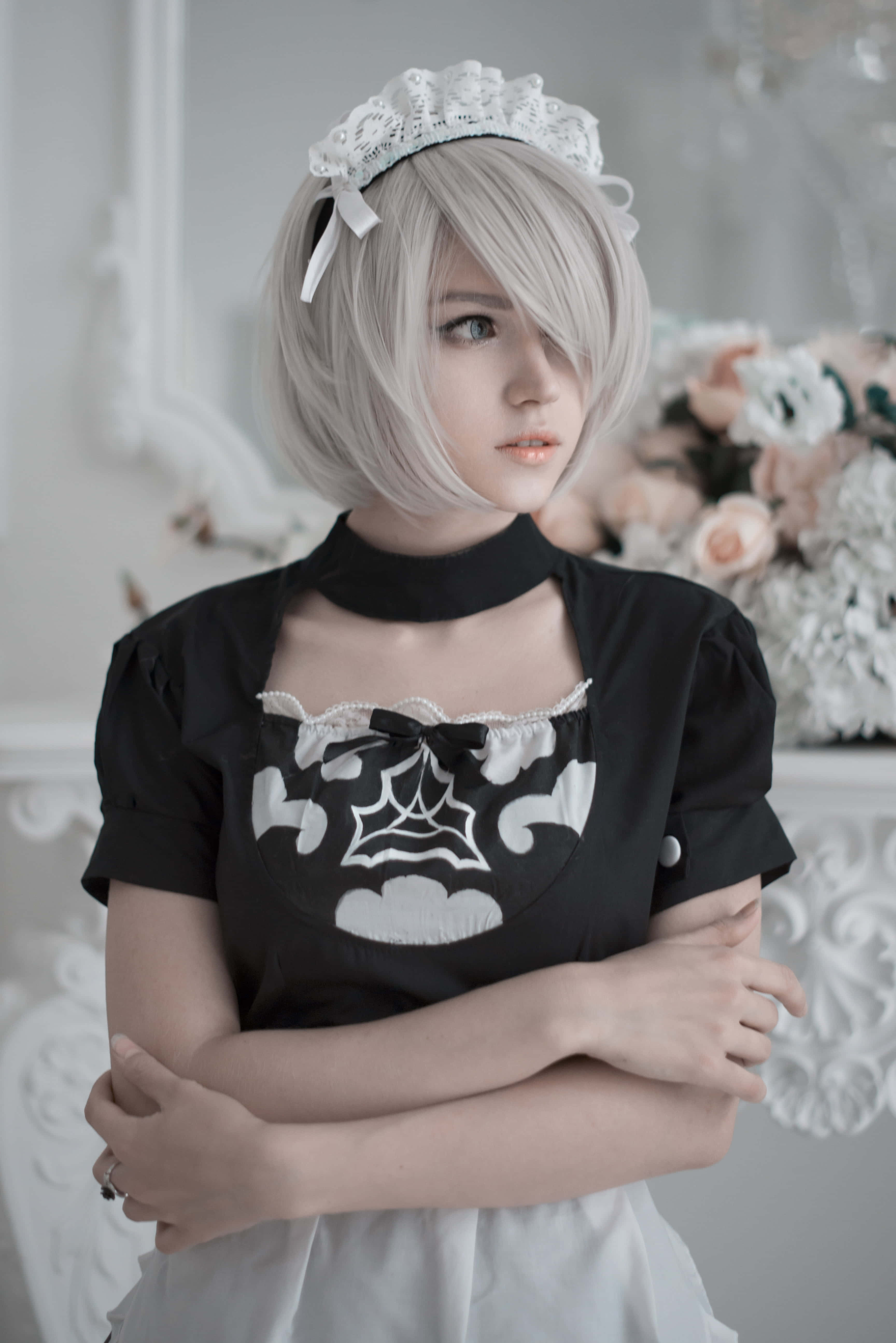 Gaming Cosplay, maid outfit, silver hair, 5K Phone Wallpaper