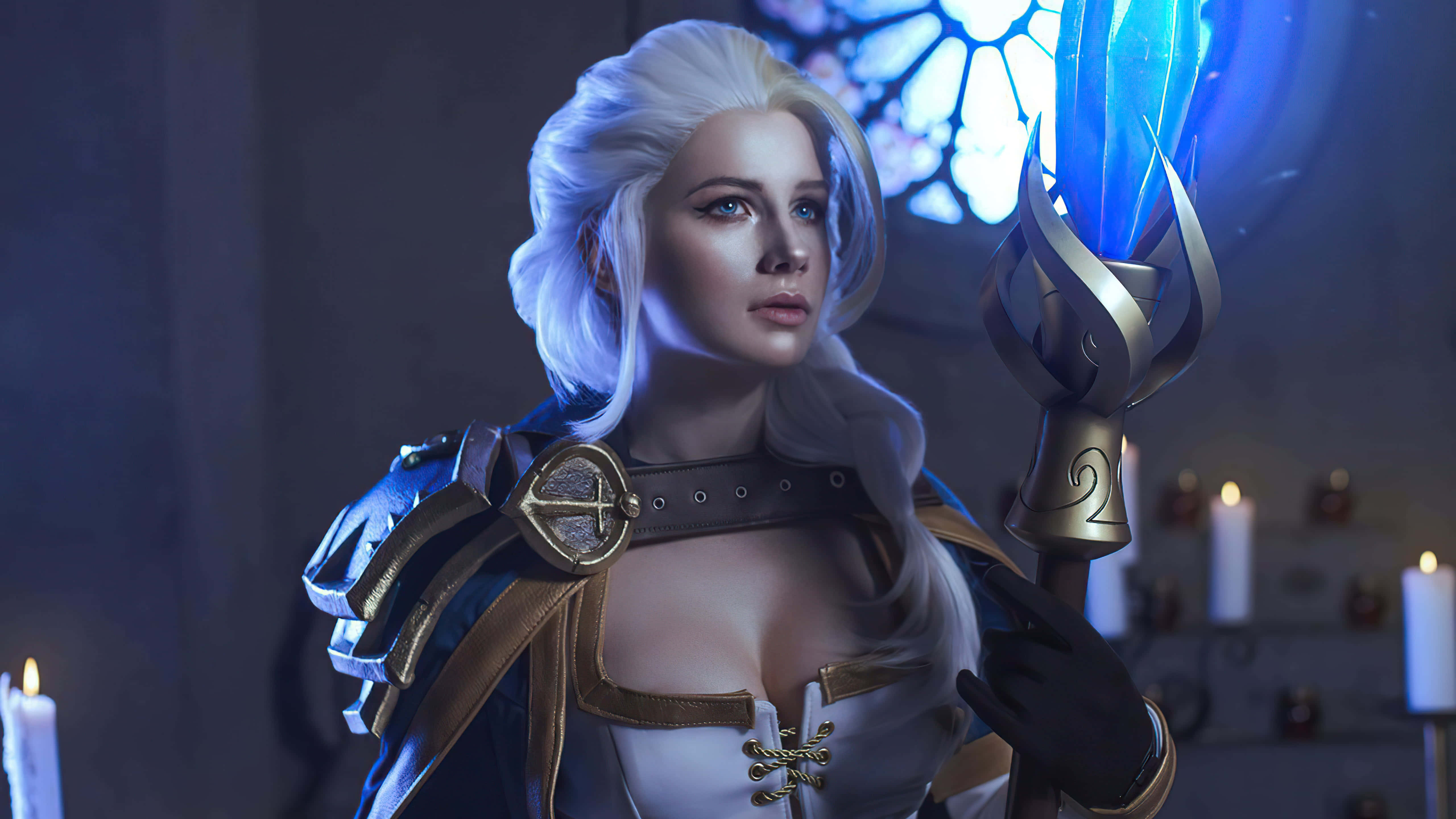 fantasy warrior woman, white hair, glowing blue staff, 5K Desktop Wallpaper