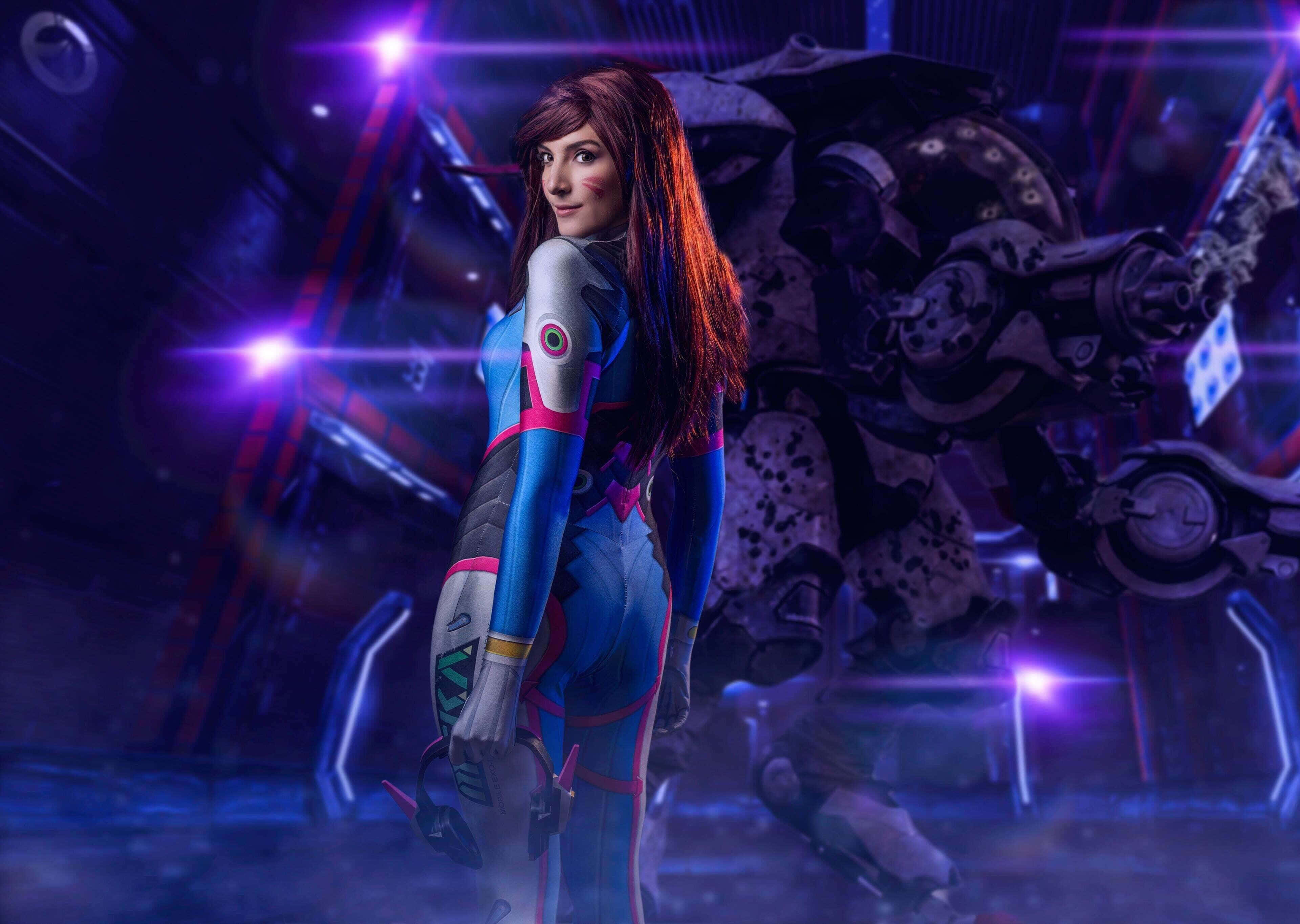 female pilot, blue and pink futuristic suit, massive mechanical robot, 4K Desktop Wallpaper