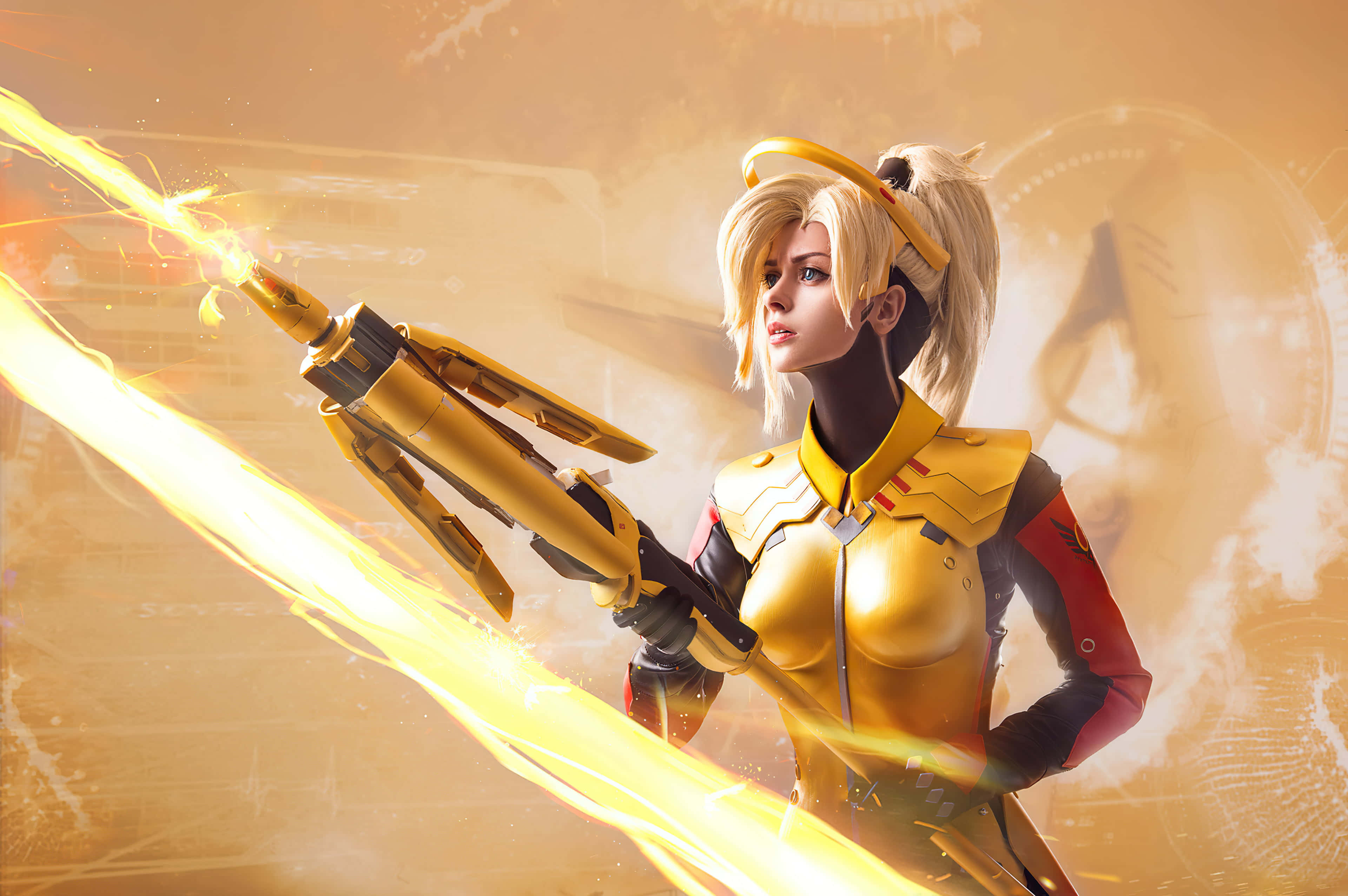 Gaming Cosplay, blonde female warrior, golden armor, 4K Desktop Wallpaper