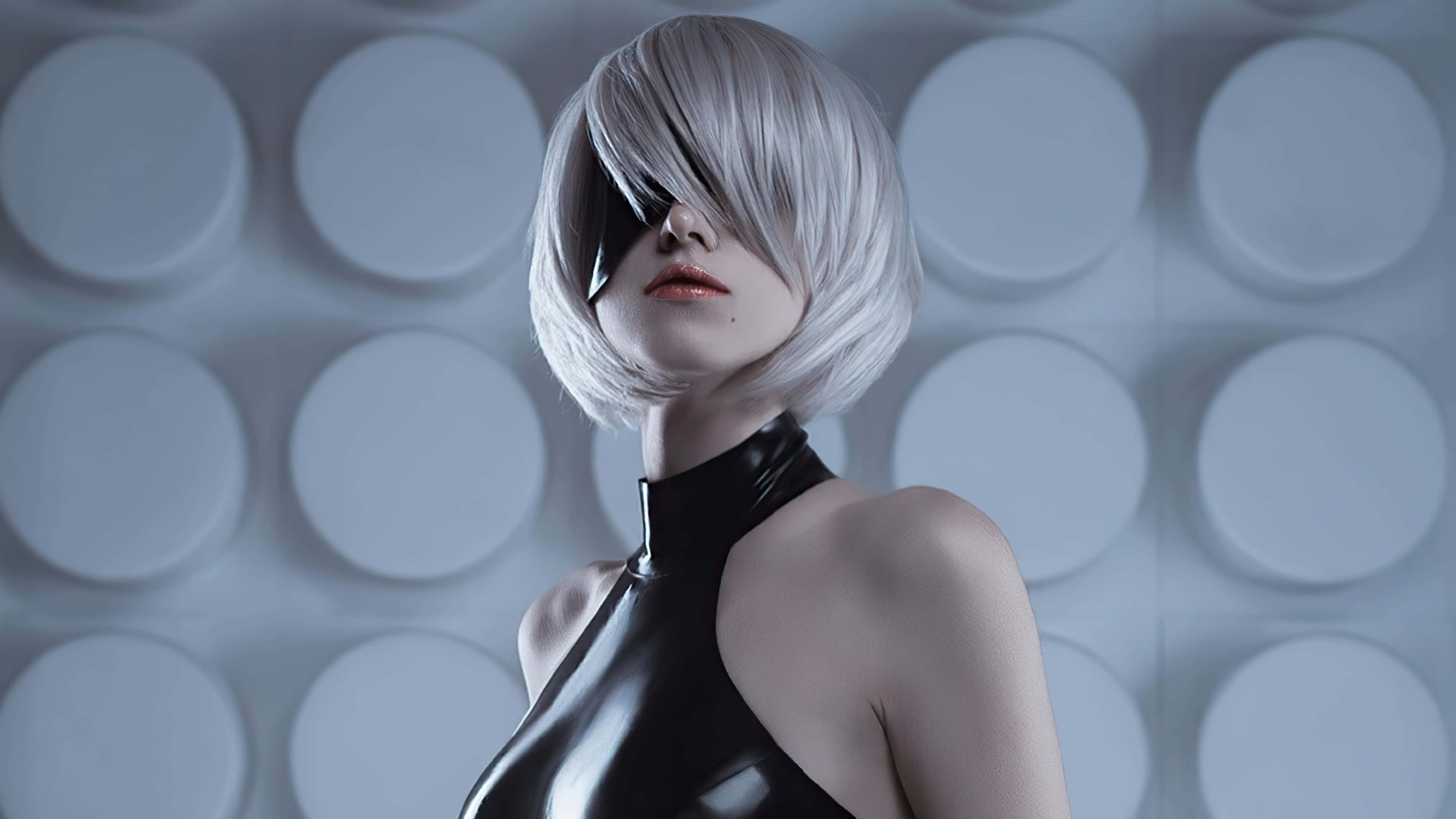 silver bob haircut, black latex outfit, gray circular panels, 4K Desktop Wallpaper